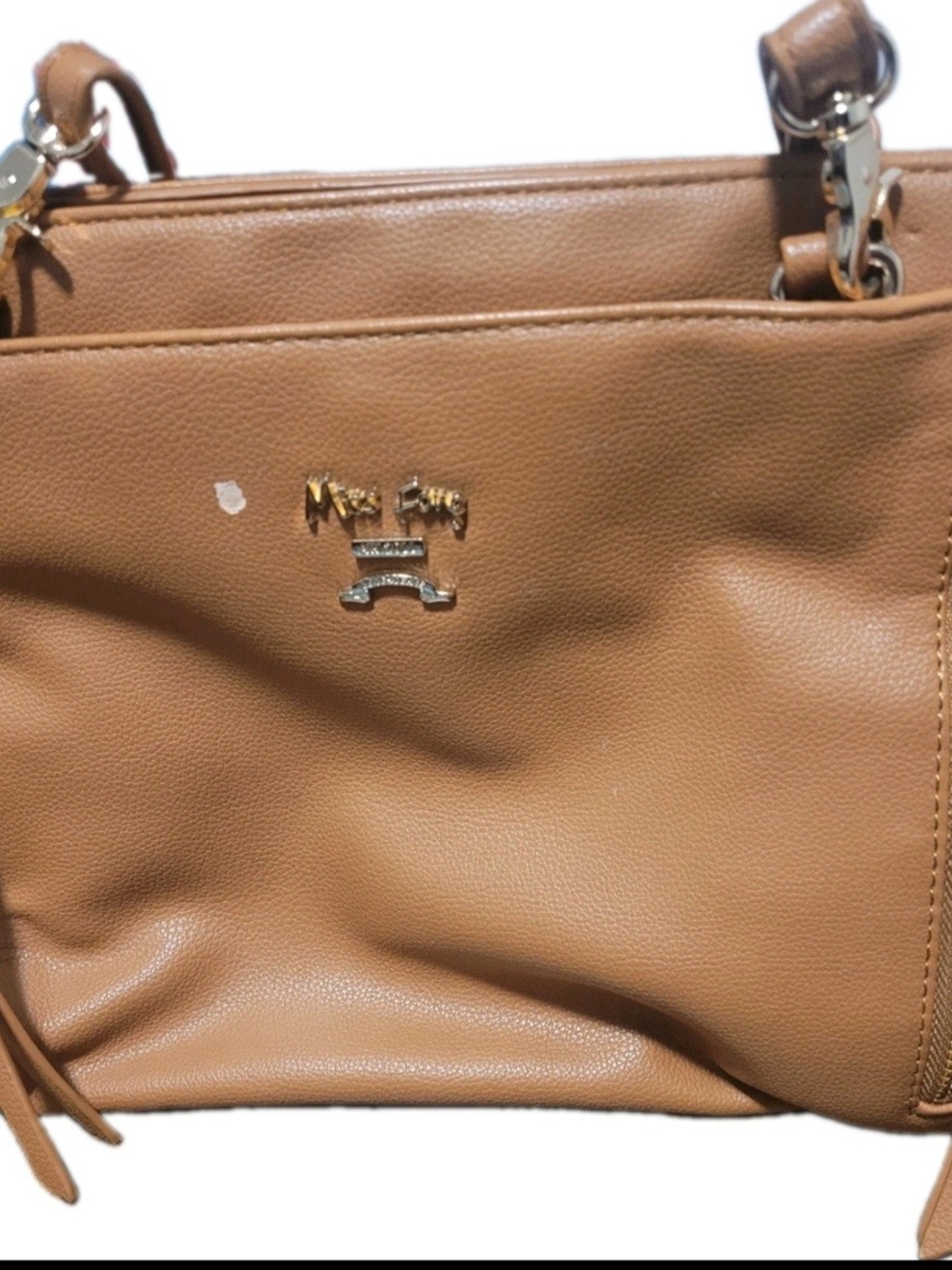 Miss Fang Tan Caramel Faux Leather Crossbody Shoulder Bag Gold Double Zip Purse